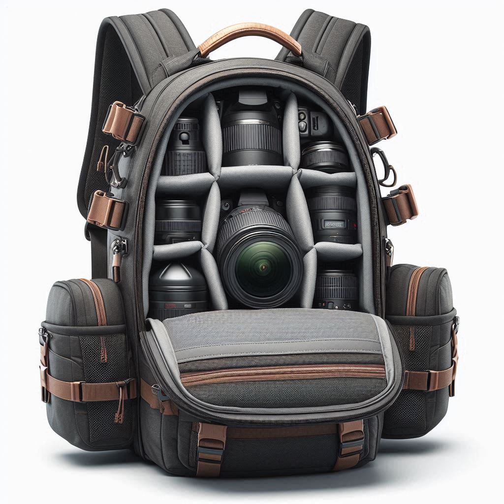 Backpack camera bag showing the many compartments inside it