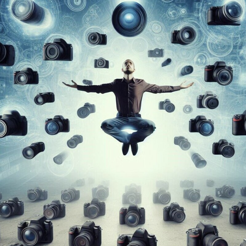 man levitating surrounded with many cameras, what are the sensor size  