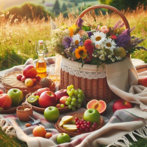 AI photo of basket of flowers with fruit scattered around.